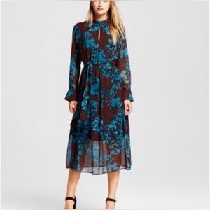 Who What Wear Floral Dress Sheer Long Sleeves Tie Belt Lined Discontinued size M